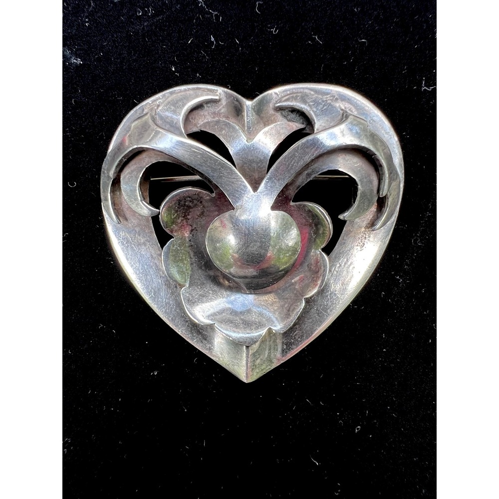 Francisco Rivera Heart Brooch Unisex OS Silver Excellent Taxco Sterling 925 Pin